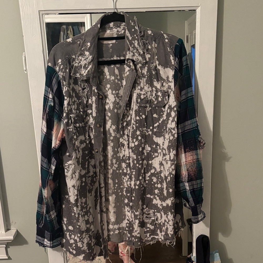 Gray and Plaid Distressed Shirt